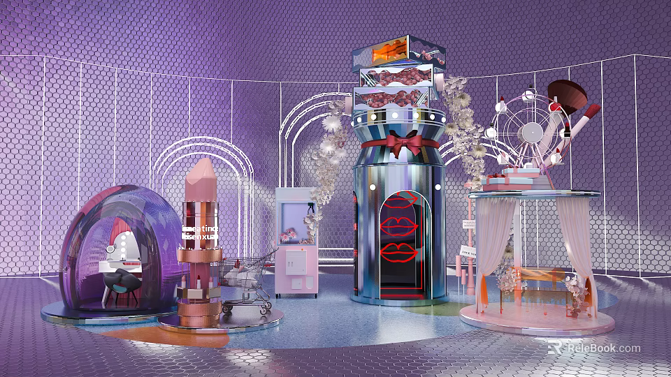 Vibrant Purple Themed Decorative Space With Ferris Wheel Elements And Display Tower 3d model 