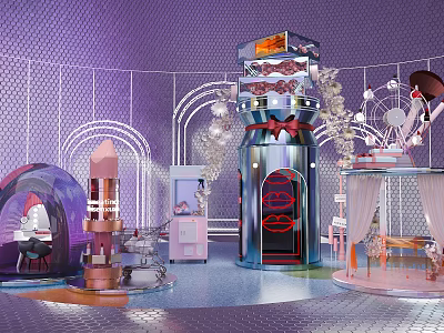Vibrant Purple Themed Decorative Space With Ferris Wheel Elements And Display Tower 3d model