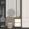 Modern Dressing Table Interior With Round Backlit Mirror Wooden Countertop And Padded Stool