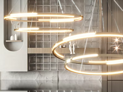 Modern Circular Chandeliers With LED Lighting In Contemporary Interior Living Space 3d model