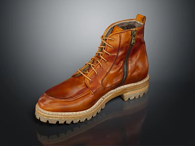 Brown Leather Lace Up Boots With Side Zipper And Thick Rubber Sole Casual Style 3d model