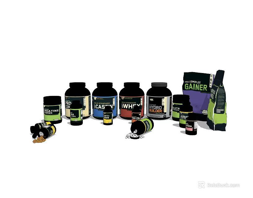 Assorted Sports Nutrition Supplements Including Gainer WPI Jars and Bags 3d model 