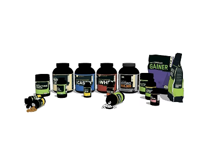 Assorted Sports Nutrition Supplements Including Gainer WPI Jars and Bags 3d model