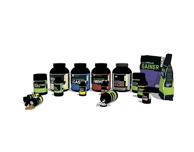 Assorted Sports Nutrition Supplements Including Gainer WPI Jars and Bags 3d model