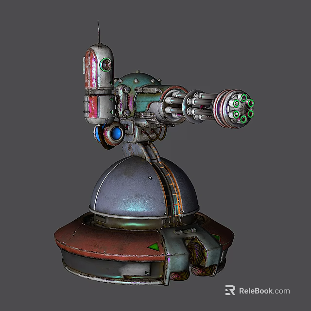 Futuristic Mechanical Weapon With Green Red Components Metal Turret And Cylindrical Barrel 3d model 