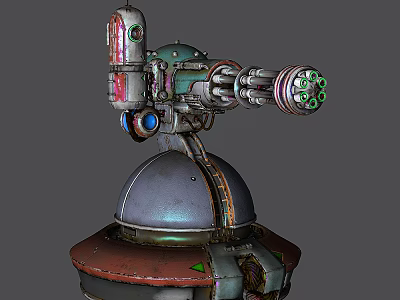 Futuristic Mechanical Weapon With Green Red Components Metal Turret And Cylindrical Barrel 3d model