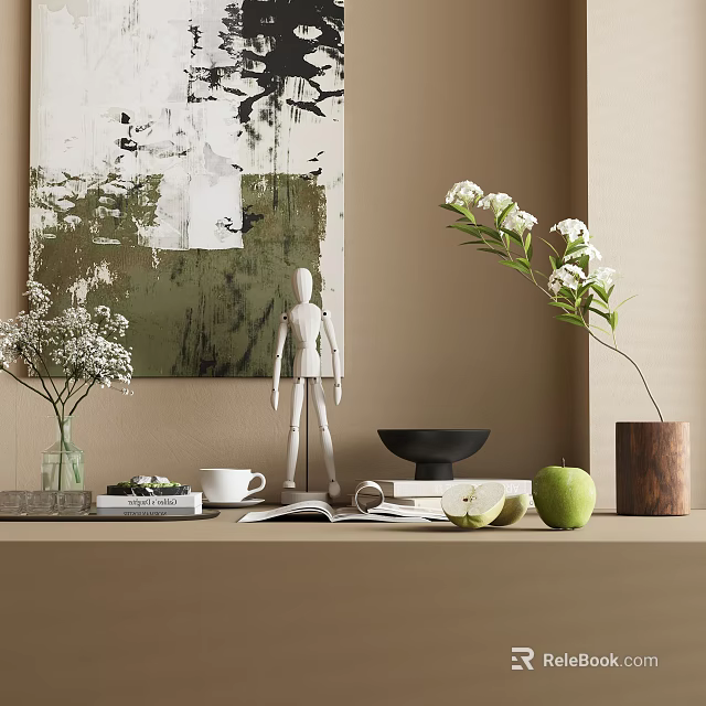 Stylish Ornamental Decor Combination With Wooden Mannequin White Flowers Black Bowl Green Apple And Books 3d model 