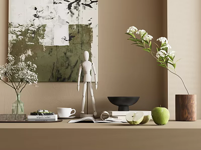 Stylish Ornamental Decor Combination With Wooden Mannequin White Flowers Black Bowl Green Apple And Books 3d model