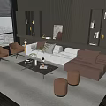 Modern Sofa and Coffee Table Set with Plush Cushions Glass Top and Decorative Plants