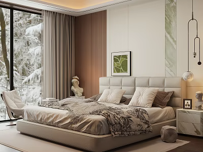 Modern Bedroom Interior with Large Window Snowy Forest View Beige Headboard Cozy Bedding and Armchair 3d model