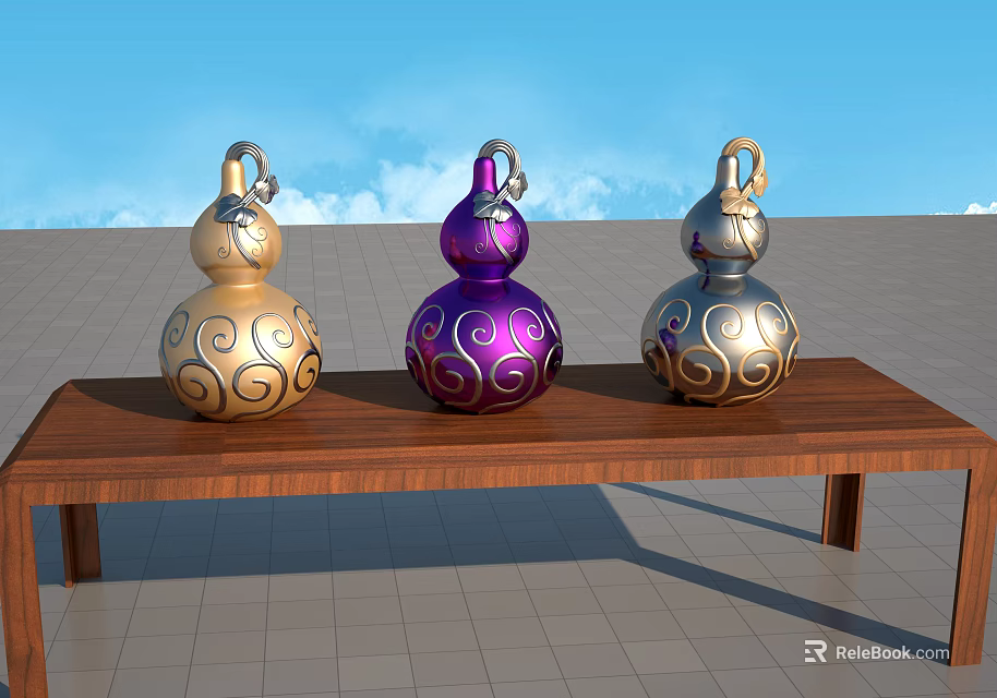 Gourd Shaped Ceramic Vessels in Golden Purple and Silver on Wooden Table with Blue Sky 3d model 