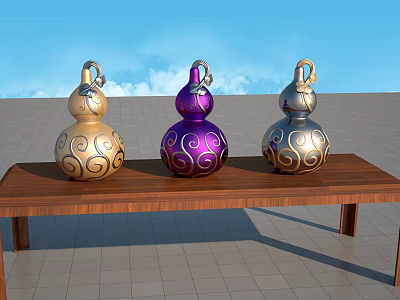 Gourd Shaped Ceramic Vessels in Golden Purple and Silver on Wooden Table with Blue Sky 3d model