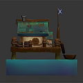 Small Waterfront Cabin With Verdigris Roof Chimney Flagpole And Small Boat On Blue Water Base