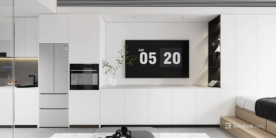 Modern Apartment Interior With White Cabinets TV Digital Clock Display And Green Plant 3d model 