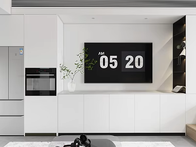 Modern Apartment Interior With White Cabinets TV Digital Clock Display And Green Plant 3d model