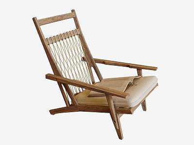 Wooden Lounge Chair With Woven Backrest and Beige Cushion for Comfortable Seating 3d model