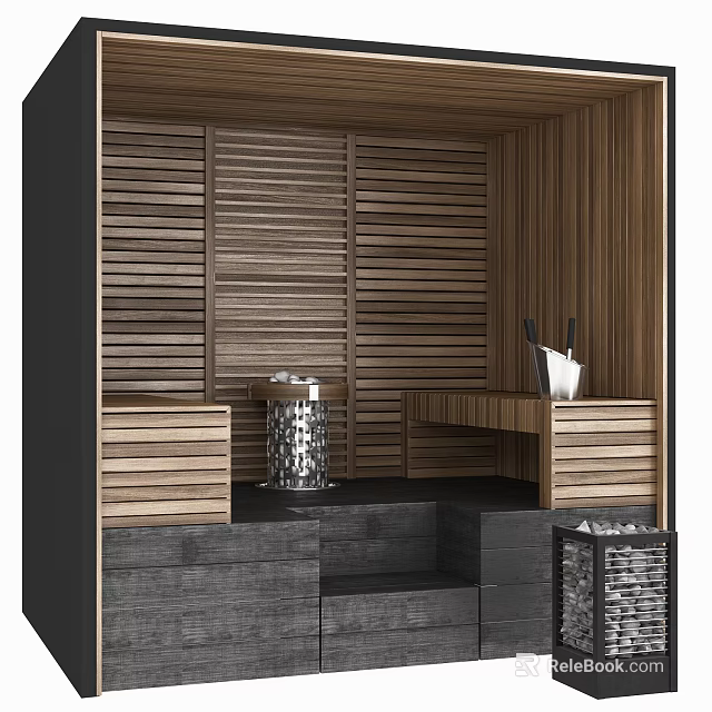 Modern Shower Sauna Interior With Wooden Panel Walls Sauna Heater Bucket Ladle And Seating Area 3d model 