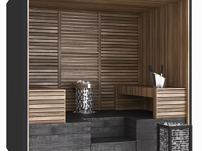 Modern Shower Sauna Interior With Wooden Panel Walls Sauna Heater Bucket Ladle And Seating Area 3d model