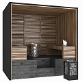 Modern Shower Sauna Interior With Wooden Panel Walls Sauna Heater Bucket Ladle And Seating Area