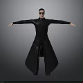 Person In Black Tight Clothing With Long Cape And Sunglasses Arms Outstretched Gray Background