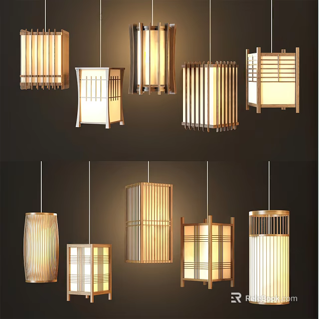 Various Modern Minimalist Pendant Lights With Wooden Lattice And Striped Panel Designs 3d model 