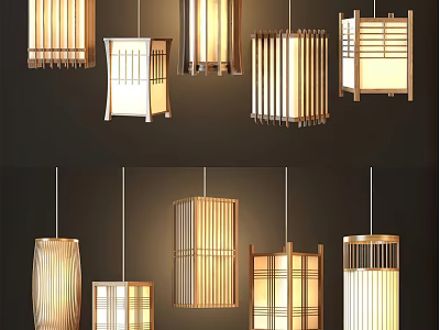 Various Modern Minimalist Pendant Lights With Wooden Lattice And Striped Panel Designs 3d model