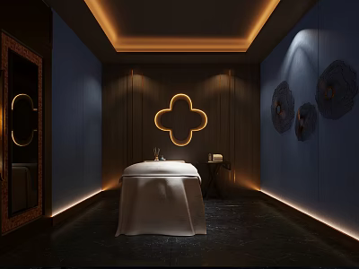 SPA Sauna Ambience With Dark Walls Wooden Decor Clover Shaped Lamp And Massage Bed 3d model