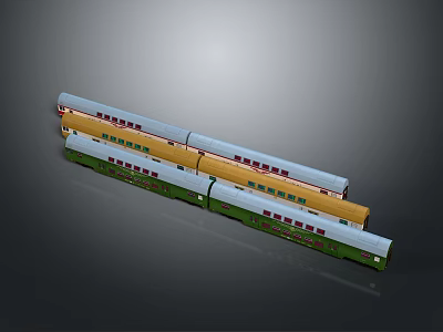 Colorful Train With Multiple Carriages And Small Windows On Gray Background 3d model