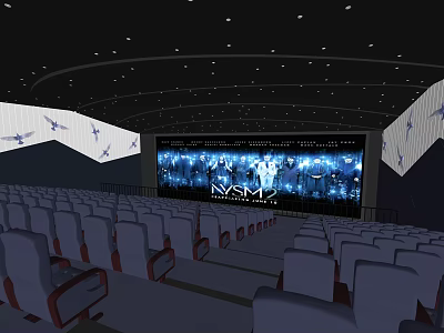 Cinema Interior With Comfortable Seats Large Screen Showing NYM2 Ceiling Lights And Decorative Sides 3d model
