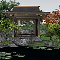 Scenic Traditional Garden Pavilion With Lotus Pond Waterfall Rocks And Lush Greenery Trees
