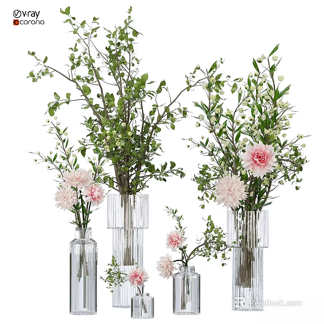 Elegant Decorative Ornament Arrangement With Transparent Glass Vases Pink Flowers And Green Leaves 3d model 