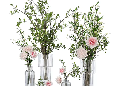 Elegant Decorative Ornament Arrangement With Transparent Glass Vases Pink Flowers And Green Leaves 3d model