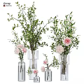 Elegant Decorative Ornament Arrangement With Transparent Glass Vases Pink Flowers And Green Leaves