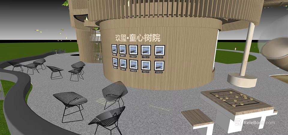 Tree Themed Children's Play Area With Wooden Structure Display Frames Seats And Chess Tables 3d model 