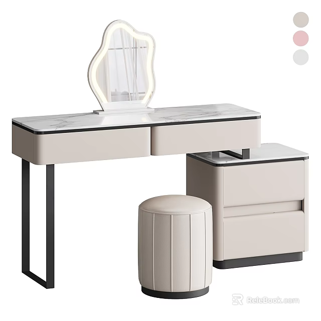Modern Dressing Table With Lighted Mirror Marble Countertop Drawers And Matching Stool 3d model 