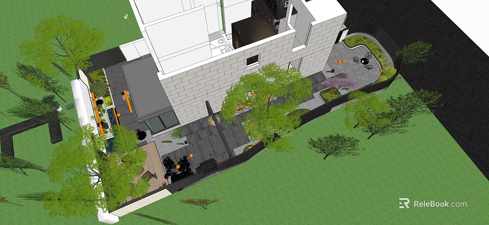 Modern Garden Landscape Design Around Contemporary Building With Green Lawn And Trees 3d model 