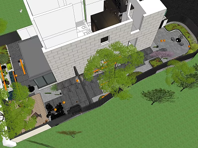 Modern Garden Landscape Design Around Contemporary Building With Green Lawn And Trees 3d model
