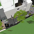 Modern Garden Landscape Design Around Contemporary Building With Green Lawn And Trees