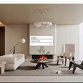 Neutral Tones Living Room Interior With White Sofa Wooden Coffee Table Fireplace Chandelier And Floor Lamp