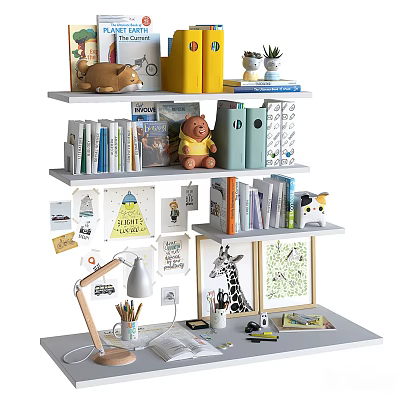 Cozy Kids Room Interior With Bookshelf Books Toys Desk Lamp And Decorations 3d model