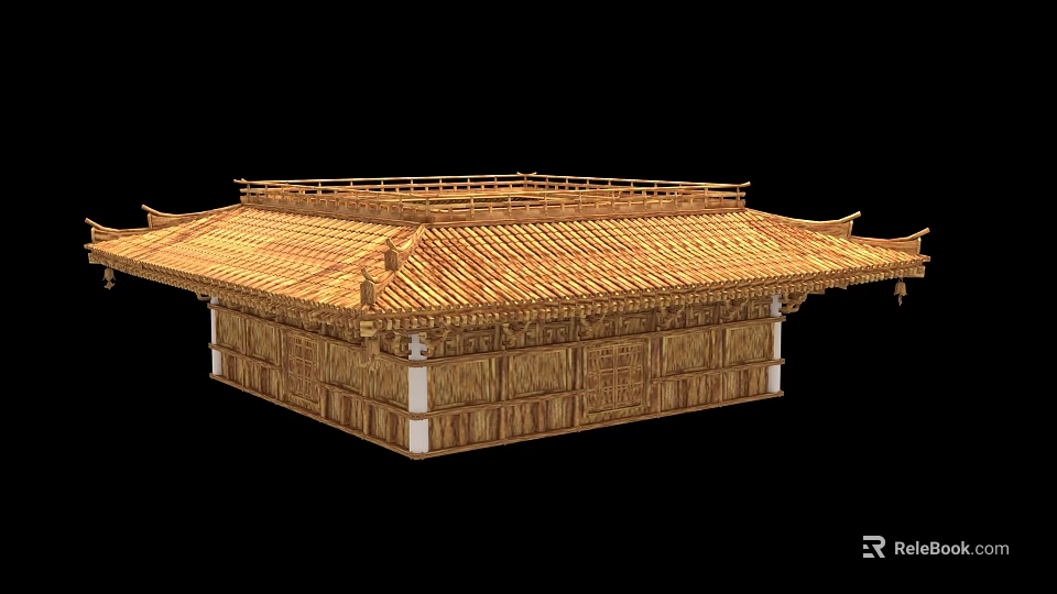 Ancient Traditional Building With Golden Tiled Roof And Wooden Structure Design 3d model 