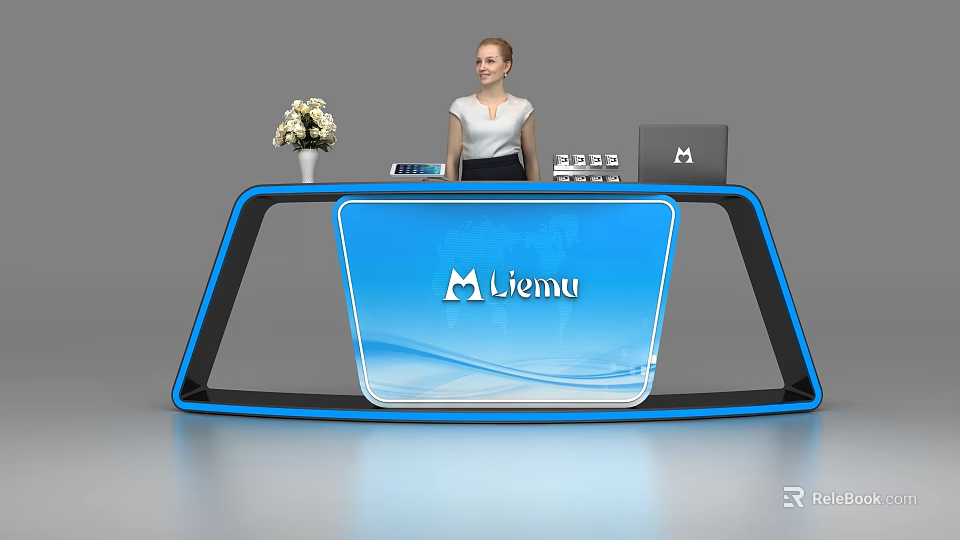 Modern Blue Reception Desk With Liemu Logo Vase And Tablet In Reception Area 3d model 