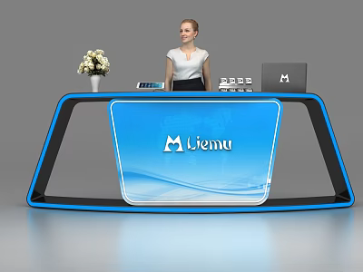Modern Blue Reception Desk With Liemu Logo Vase And Tablet In Reception Area 3d model