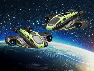 Green and Black Futuristic Spaceships Flying in Space with Earth Below 3d model