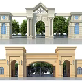 Classical Entrance Gate with Arched Design Decorative Columns and Surrounding Trees 3d model