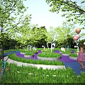 Park Landscape with Green Trees Grass Colorful Paths Balloons and Woman in Pink Dress