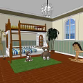 Cozy Bunk Bed In Kids Room With Stuffed Toys Green Rug And Wooden Floor