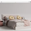 Soft Pink Kids Bed With Padded Headboard Yellow Round Pillows And Side Nightstand