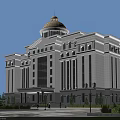 Elegant Office Building Exterior With Domed Roof Large Glass Windows Columns And Spacious Entrance