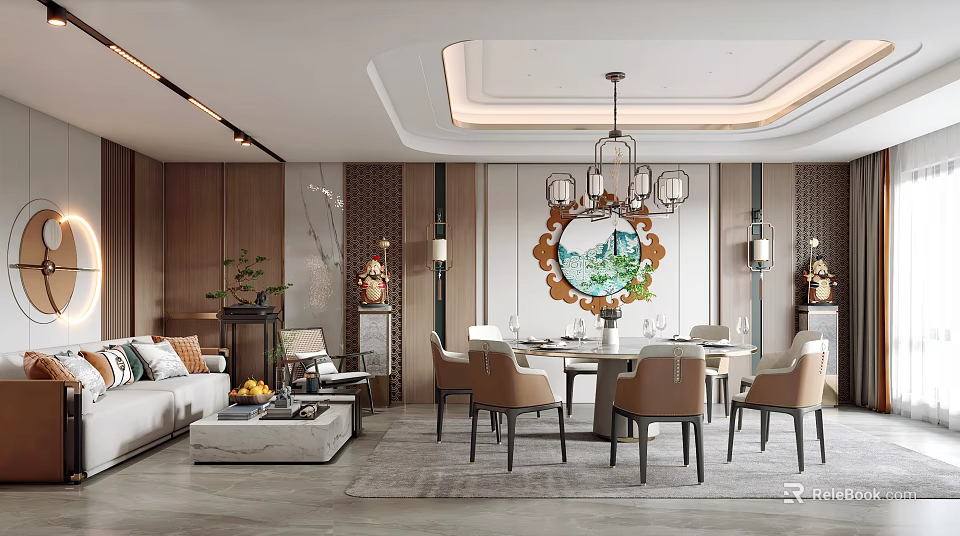Modern Private Dining Box Interior With Wooden Elements Chandelier And Decorative Painting 3d model 